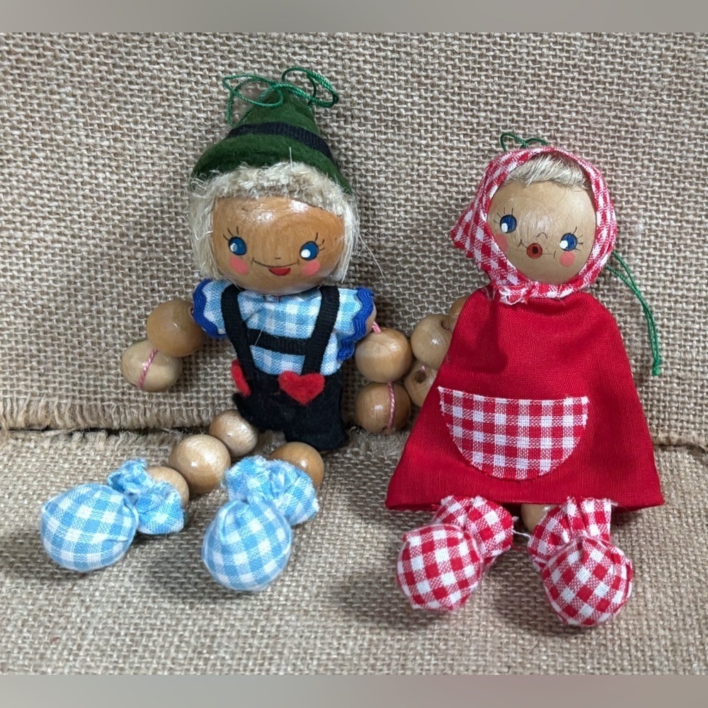 Vintage Bead Doll Ornament Set German Boy Girl Rustic Primitive Folk Art Holiday